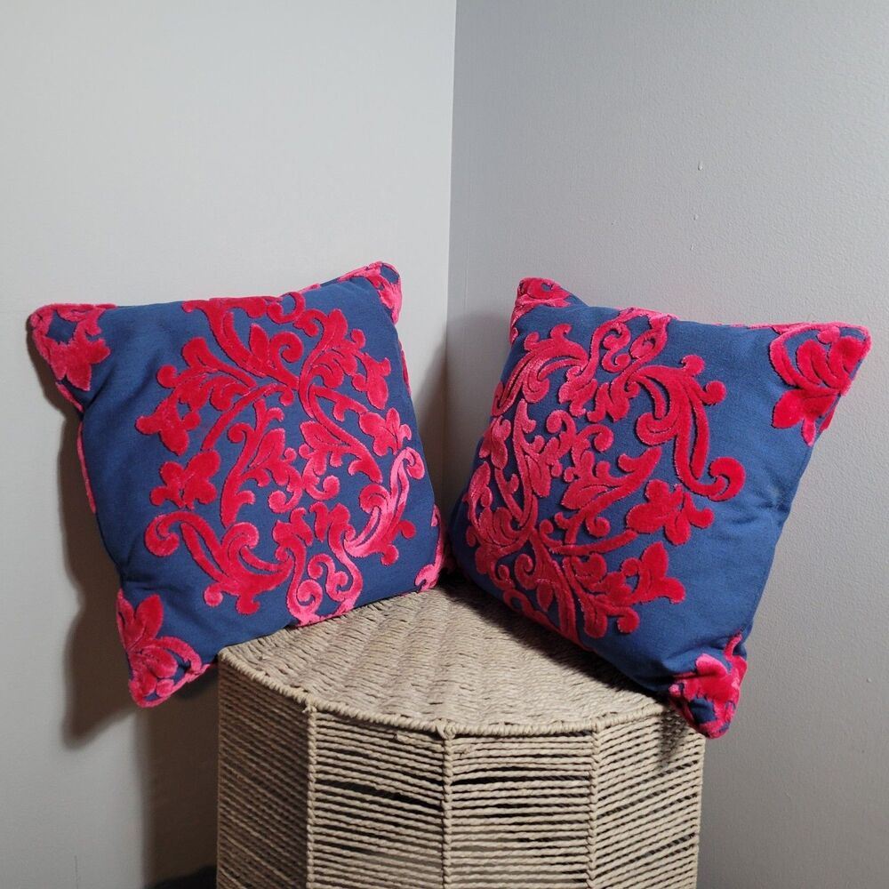 Robert Allen RARE Set-2 Crimson Damask Velvet Royal Beauty Cobalt Decor Pillow
